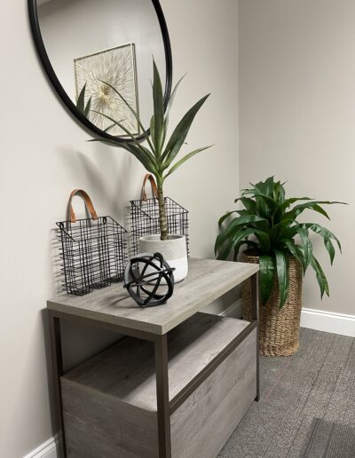 Modern office corner with decorative plants and contemporary furnishings.