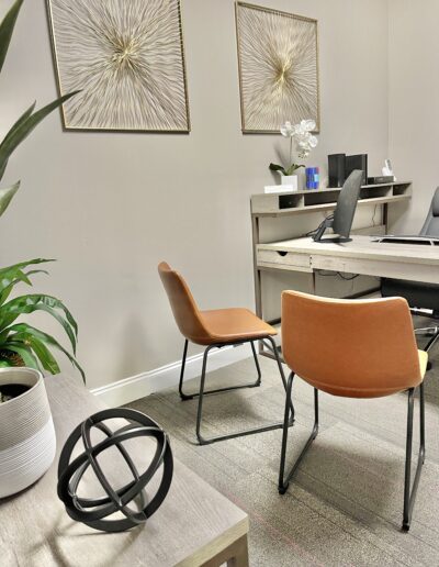 A modern office space with a desk, chair, computer, decorative artwork on the wall, and a potted plant.