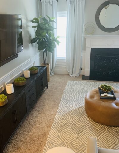 A cozy living room with modern decor featuring a mounted tv, a fireplace, plush seating, and decorative plants.