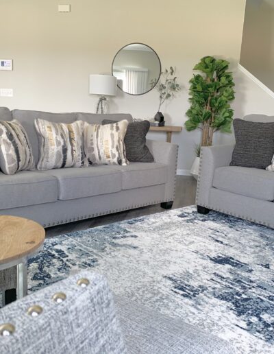 A modern living room with two gray sofas, decorative pillows, a blue and white area rug, a wooden coffee table, and a potted plant.