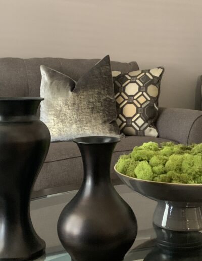 Modern living room decor with decorative vases and moss centerpiece on a glass table in front of a gray couch with patterned pillows.